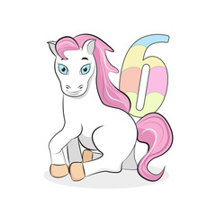 A white pony with blue eyes and a pink mane with a multi-colored number 6. Decor for an invitation to a birthday party for 6 years