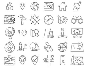 Navigation vector icon. Navigation, location, GPS elements - thin line web icon set. Location icons set. Vector illustration. Map pointer icons. 