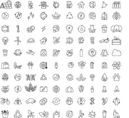 Ecology vector icons set.100 line icons  Nature icon. Eco green icons. Vector Ecology and Green Energy Power Line. Big set eco icons 