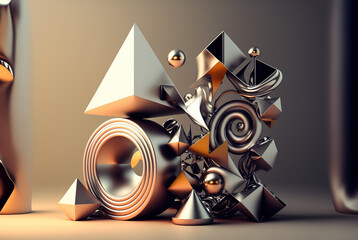 3D render abstract geometric background, metallic creative shapes