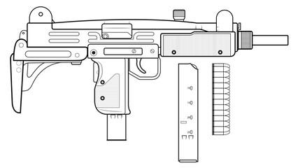 Vector illustration of the UZI israel machine gun with folded stock and equipment such as a magazine and cartridges on the white background. Right side. - obrazy, fototapety, plakaty