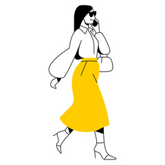 vector flat design trendy linear illustration beautiful stylish woman in long midi skirt. street style, fashion. useful for web, graphic design, print, clothing stores, postcard, poster. 2d people.