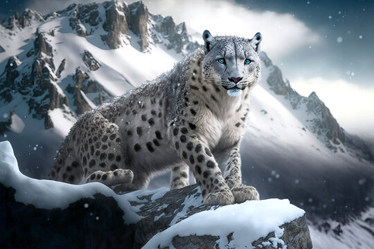 An illustration of a rare snow leopard roaming on Mount Everest at 18,000 ft 
generative ai