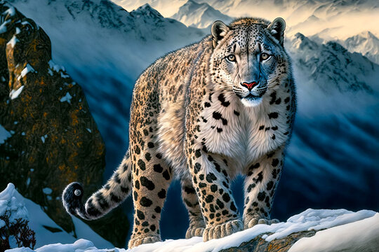 An illustration of a rare snow leopard roaming on Mount Everest at 18,000 ft 
generative ai