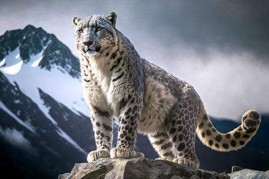 An illustration of a rare snow leopard roaming on Mount Everest at 18,000 ft 
generative ai