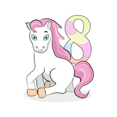 A white pony with blue eyes and a pink mane with a multi-colored number 8. Decor for an invitation to a birthday party for 8 years