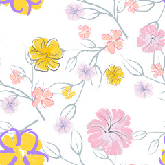 Pink Flowers Blooming Pattern. Pastel Watercolor.