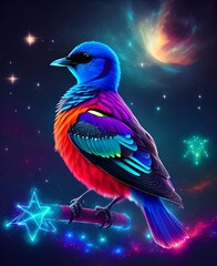 Glowing magical bird on a branch in space with stars, blue galaxy background 