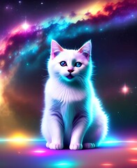 White cat in space, blue galaxy background 