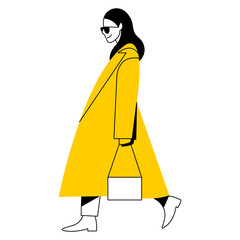 vector flat design linear image stylish woman in autumn or winter warm clothes walking down the street. street style, fashion. isolated on white background. useful for web, graphic design, print