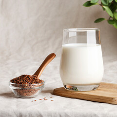 flax seed milk in glass on textile background with plant. copy space. Raw diet meal. Healthy...