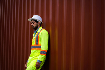 Workers resting at the container yard Work on hot days. Fatigue, overwork, stress, stressful work