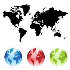 Fototapeta na wymiar Black World Map and Colorful Globes