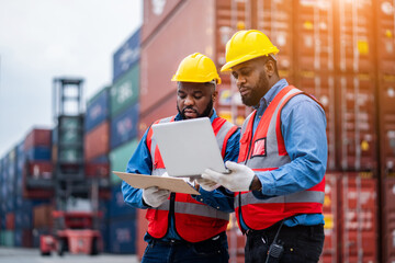 Industrial engineer in hard hat and vest using tablet to work Check the safety of the container. container yard warehouse. Shipping import export industry Logistics business.