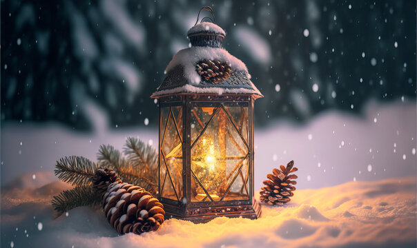 Luminescent comforting lantern in soft colors, cut into the snow of a winter night; Pine cones and heavy snow. Copy space for a beneficial horizontal design.