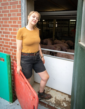 Angestellt eines Schweinemastbetriebes steht mit rotem Treibebrett, vor einem Schweinestall.