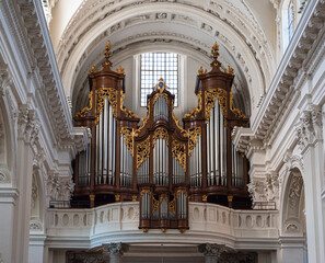 Solothurn, Switzerland - July12, 2022: Baroque Organ in the church of Saint Urs and Viktor, the cathedral of the Roman Catholic Diocese of Basel in the city of Solothurn, Switzerland.