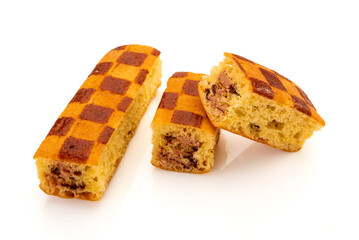 Sponge cake snack filled with chocolate, one whole and one cut with a view of the filling, isolated on white