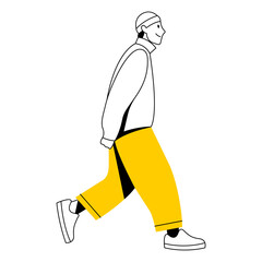 vector flat design trendy linear image stylish modern man, guy, boy, student, teenager walking down the street. street style. useful for web, graphic design, print, card, poster, flyer. 2d people.