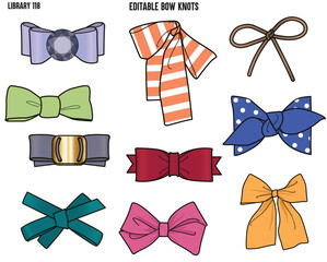 SET OF BOW KNOTS AND DRAWSTRING TIE UPS USED FOR WAIT BAND AND BACK TIE UPS DESIGNED FOR GARMENTS DRESSES TOPS AND APPARELS IN EDITABLE VECTOR 