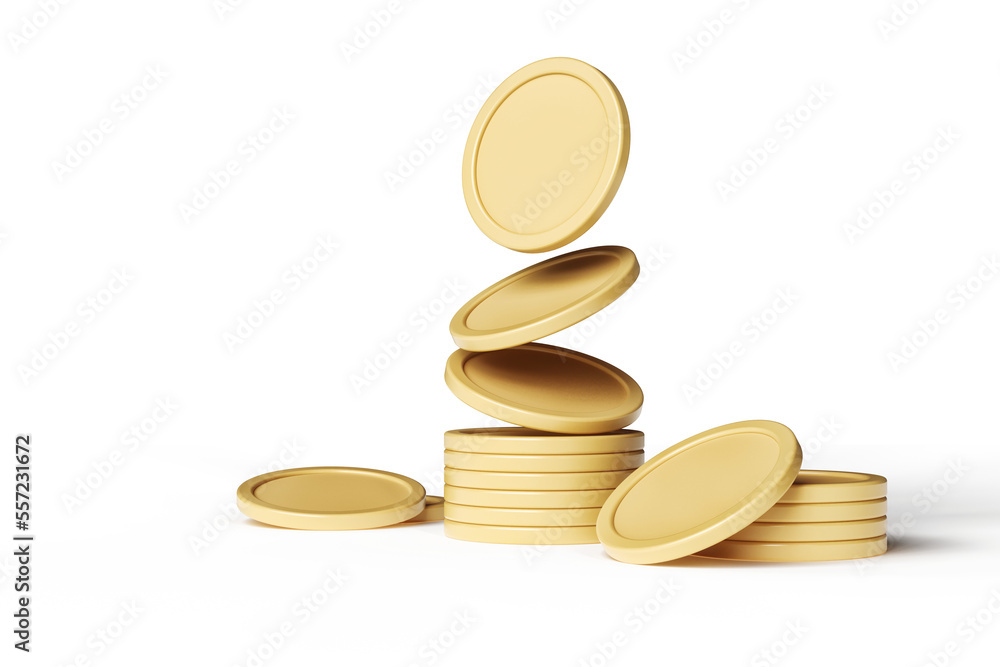 Poster moving empty golden tokens forming a stack. nice template for cryptocurrency and growing banking con