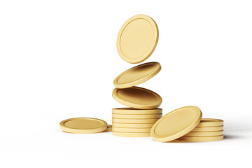 Moving empty golden tokens forming a stack. Nice template for cryptocurrency and growing banking concepts. High quality 3D rendering. - obrazy, fototapety, plakaty