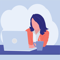 Woman working on laptop. Flat design vector illustration with white background