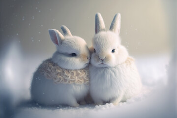 two tiny and cute snow bunnies are cuddling. Generative AI