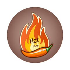 Hot chili pepper pod and flame of fire, badge or logo design. Hot spiciness level. Vector illustration