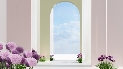 Architecture interior background arched pass with flowers 3d render