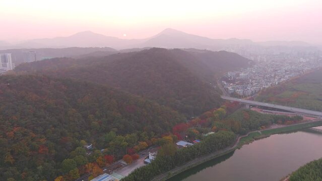 Ulsan: Aerial view of Metropolitan City in South Korea at sunset, trees in autumn colors, Taehwagang National Garden with famous bamboo forest - landscape panorama of Eastern Asia from above