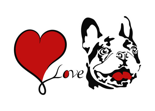 Vector illustration of hand drawn silhouette of french bulldog. Template of a black dog with the inscription love and heart. Isolated on white background.