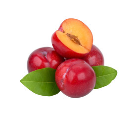 Red cherry plum with green leaves isolated on transparent png