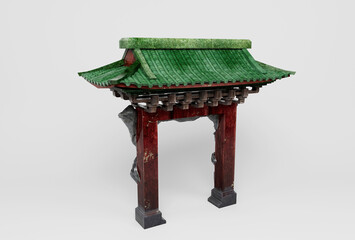The entrance Chinese arch gate decor with hanging lanterns 3d illustration.