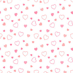 Seamless pattern of cute drawn hearts. Gentle romantic background for Valentine's Day. Suitable for fabric, wallpaper, wrapping paper, packaging, textiles, banners, greeting cards, invitations 