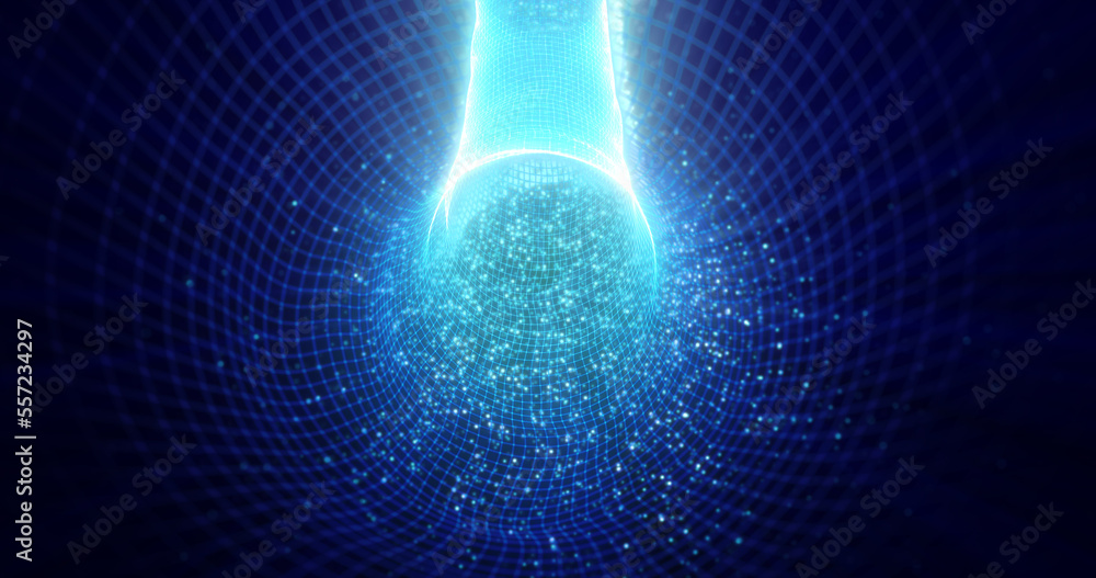 Poster abstract tunnel blue futuristic from a grid of lines and dots of particles of triangles shiny hi-tec