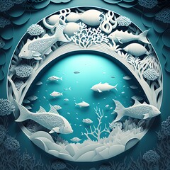Paper cut craft, underwater scene with fish (Generative AI)