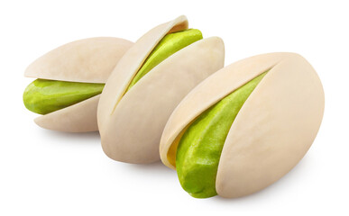Three pistachios, isolated on white background