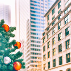 city buildings with  christmas tree