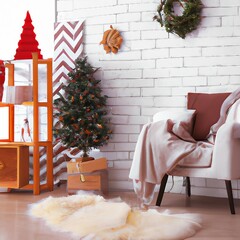 christmas tree in room with tree