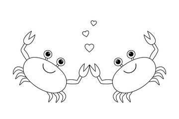 Couple of cartoon crab in love. Lovers and hearts. The characters of the underwater world in love.  Black and white. Coloring.

