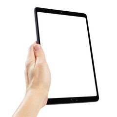 Hand holding black tablet, isolated on white background