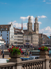 Zurich, Switzerland - July 10, 2022: View of the old town at the Limmat river in Zurich