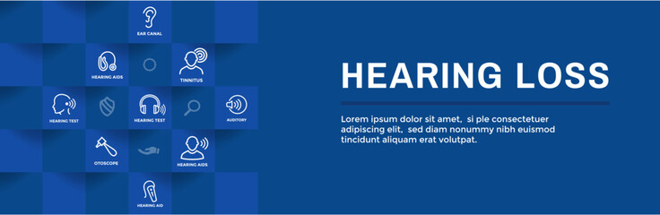 Hearing Aid or loss Web Header Banner with Sound Wave Icons Set