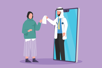 Graphic flat design drawing of Arabian female patient receiving prescription from male doctor coming out of smartphone screen. Online medical healthcare consultation. Cartoon style vector illustration