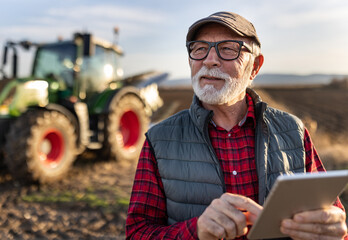 Senior farmer with tablet in field with tractor in background - Powered by Adobe