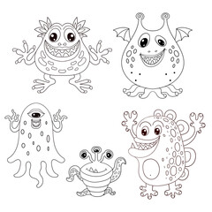 Set of alien, cartoon, funny monsters. Black and white linear drawing. For kids design of coloring books, prints, posters, stickers. Vector