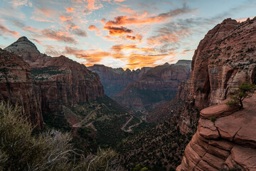 sunset in canyon of zion national park