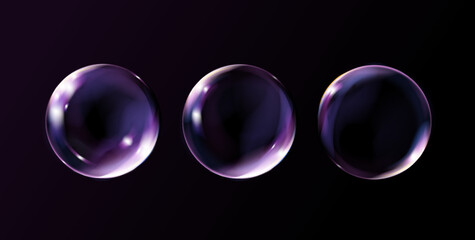Bubbles isolated on black background. Realistic transparent soap bubble with glares. Bubbles illustration vector.