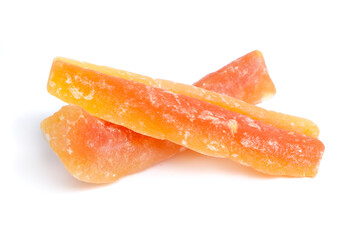 Dried Papaya pieces. Isolated on white background